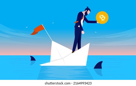 Bitcoin geht nach unten - Mann, der Kryptowährungsmünze in der Hand hält, im sinkenden Schiff. Preisrückgang und Krisenkonzept, Vektorgrafik