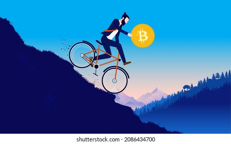 Bitcoin going down - Man on bike holding crypto currency coin in hand going downwards fast. Vector illustration