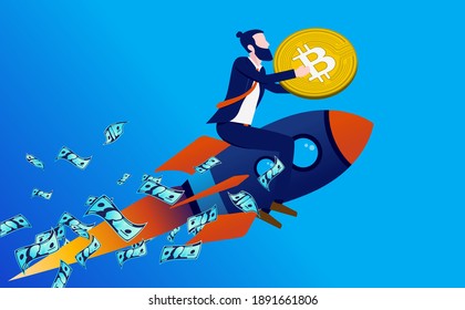 Bitcoin going up - Man on rocket flying to the sky holding crypto currency in hands. Investing and profits concept. Vector illustration.