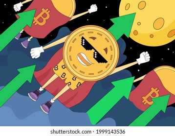 Bitcoin going to the moon. Doodle illustration of crypto bitcoin with thug glasses and green arrow. Price rising banner for bitcoin news. Trendy fun illustration of moon and rich super hero bitcoin