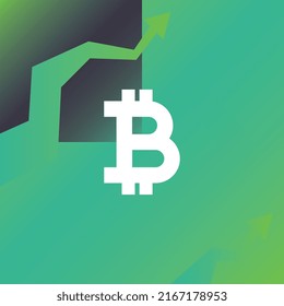 Bitcoin subiendo, BTC cripto divisa aumento precio. Flechas verdes.