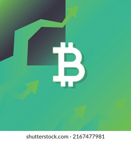 Bitcoin going up, BTC crypto currency rising price. Green arrows.