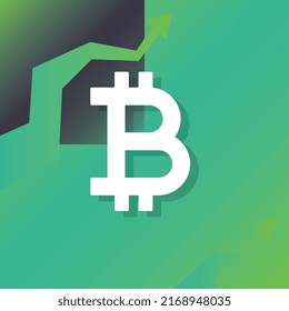 Bitcoin steigt, BTC Krypto Währung steigender Preis. Grüne Pfeile.