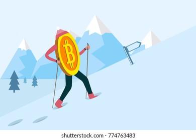 Bitcoin going up, skiing to the highest mountain peak. Golden symbol of bitcoin concept of huge growth on crypto currency markets, flat design, vector illustration