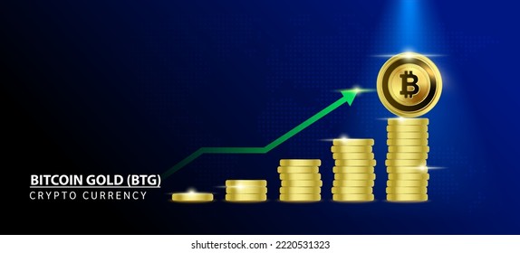 Bitcoin Gold (BTG) Coin crypto on blue background. Stablecoin blockchain token price increase from pile of gold coins.There is space to enter message. Nice for cryptocurrency digital money concept.