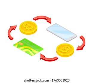 Bitcoin Gold Coin and Credit Card Exchanging Scheme Vector Isometric Illustration