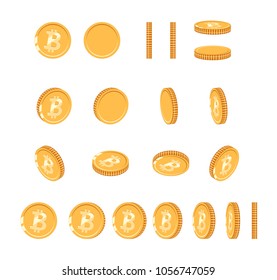 Bitcoin gold coin at different angles for animation. Vector Bitcoin set. Finance money currency bitcoin illustration. Digital currency. Vector icon