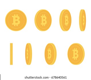 Bitcoin gold coin at different angles for animation vector set Finance money currency bitcoin illustration