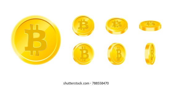 Bitcoin gold coin icon set in different angles isolated on white background. Digital currency money concept. Symbol of crypto currency, blockchain technology. Design template in vector