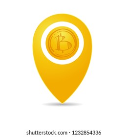 Bitcoin gold coin is located inside the icon that marks the location of the object. Vector image on white background.