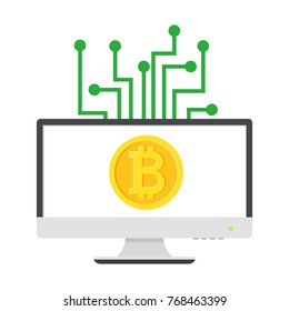 Bitcoin gold coin with microcirculation on screen computer