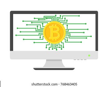 Bitcoin gold coin with microcirculation on screen computer