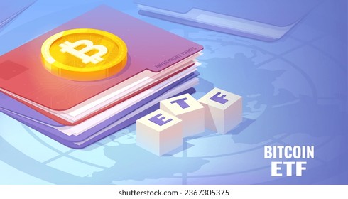 Bitcoin gold coin on red ETF securities folder. Bitcoin ETF, Exchange traded fund and cryptocurrencies isometric concept. 