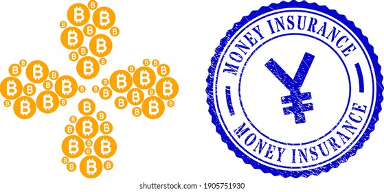 Bitcoin gold coin swirl flower cluster, and blue round MONEY INSURANCE rubber badge with icon inside. Object flower with 4 petals composed from oriented bitcoin gold coin symbols.
