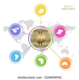 Moneda de oro de Bitcoin, Mapa mundial y continentes, infografías aisladas en el vector de fondo blanco