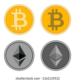 Bitcoin gold coins and Ethereum silver coins. Vector illustration.