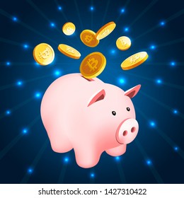 Bitcoin gold coins fall into the piggy bank, thrift-box, moneybox. Cryptocurrency web template. Flat modern vector illustration. Flow molecule abstract blue background.