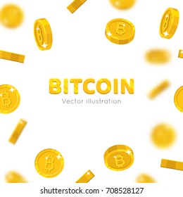 Bitcoin gold coins falling. Cryptocurrency wallet, transactions, mining and investing in the all-digital currency. Cartoon vector illustration on white background