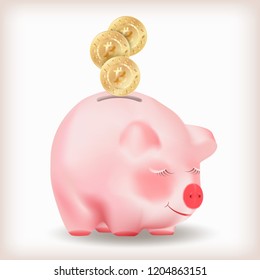 Bitcoin gold coins falling into pig bank. Conceptual Realistic vector illustration isolated on white background.