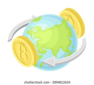 Bitcoin Gold Coins Rotating Around Globe Vector Isometric Illustration