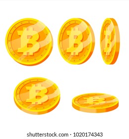 Bitcoin Gold Coins Vector Set. Flip Different Angles. Modern Virtual Money. Digital Currency. Isolated Flat illustration
