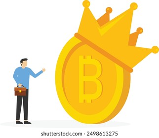 Bitcoin with gold crown. Cryptocurrency king concept. Modern vector illustration in flat style

