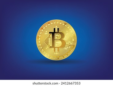 Bitcoin. Gold cryptocurrency coin. Electronics money, finance money, smart money on blue background with drop shadow. Vector illustration.