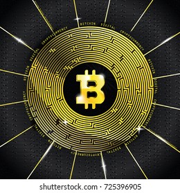 Bitcoin gold digital labyrinth way to mining. Criptomoney futuristic background business financial concept. Worldwide network with shiny sparkles