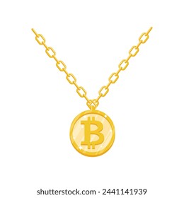 Bitcoin gold pendant. Cryptocurrency made of gold on chain. luxury jewelry symbol
