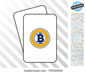 Bitcoin Gold playing cards icon with 700 bonus bitcoin mining and blockchain graphic icons. Flat vector set for gambling and cryptocurrency websites.