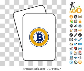 Bitcoin Gold playing cards icon with additional bitcoin mining and blockchain pictographs. Flat vector pictures for blockchain websites.