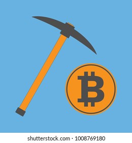 Bitcoin gold symbol and pickaxe. Crypto currency mining. Vector icon.