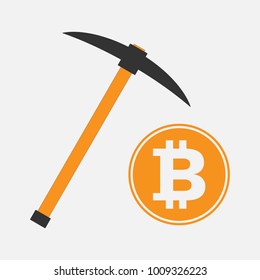 Bitcoin gold symbol and pickaxe. Crypto currency mining. Vector icon.