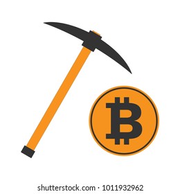 Bitcoin gold symbol and pickaxe. Crypto currency mining. Vector icon.