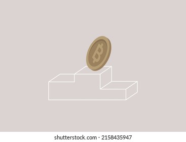 Moneda de oro de bitcoin cayendo de un pedestal, una crisis de moneda criptográfica