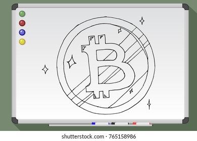 Bitcoin golden coin. Hand drawn vector stock illustration on whiteboard