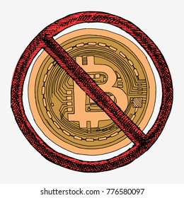 Bitcoin golden coin. Hand drawn vector stock illustration.