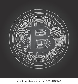Bitcoin golden coin. Hand drawn vector stock illustration.