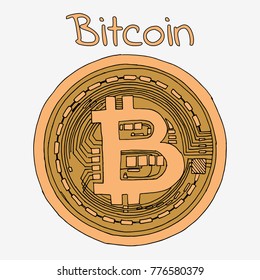 Bitcoin golden coin. Hand drawn vector stock illustration.