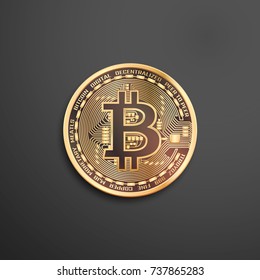 Bitcoin golden coin. Isolated detailed vector illustration on black background.