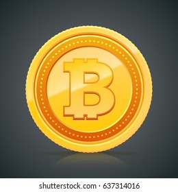 Bitcoin. Golden coin isolated on dark background. Vector icon illustration