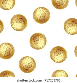 Bitcoin golden coin seamless pattern. Golden rain of flying and falling coins. Money and finance symbol for fintech net banking and blockchain concept. Vector illustration isolated on white background