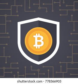 Bitcoin golden coin with shield in security concept design. Crypto currency digital security vector. Bitcoin vector illustration