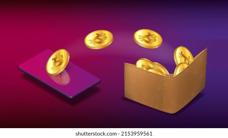 Bitcoin golden coins fly from isometric cellphone into leather wallet on purple background. Concept of transferring BTC cryptocurrency to wallet using phone. Banner for news. Vector illustration.