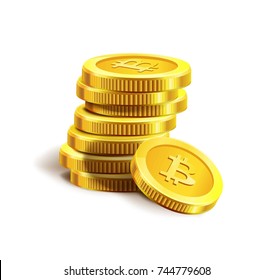 Bitcoin golden coins pile stack internet virtual crypto currency vector icon