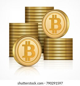 Bitcoin golden coins stack, internet virtual crypto currency piles, vector illustration 