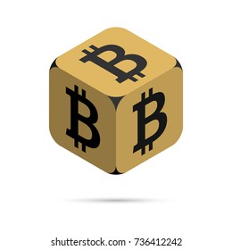 Bitcoin. Golden Bitcoin Cube. Isometric Cube with Black Bitcoin Sign on the Sides. Isolated Cubic Figure with Shadow on White background