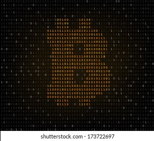 Bitcoin golden currency symbol crypted in dark binary code listing