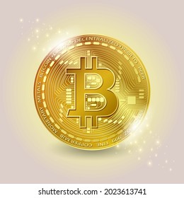 Bitcoin. Golden digital cryptocurrency coin. Vector realistic shiny gold bitcoin. Electronics finance money symbol. Bitcoin isolated icon.
