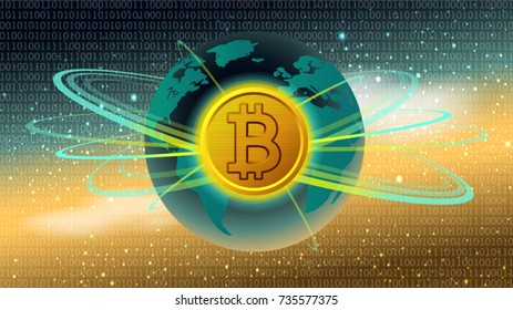 Bitcoin Golden digital currency on binary code world map. Global digital crypto money payment transaction. Technology worldwide network concept, vector illustration easy editable for Your design.